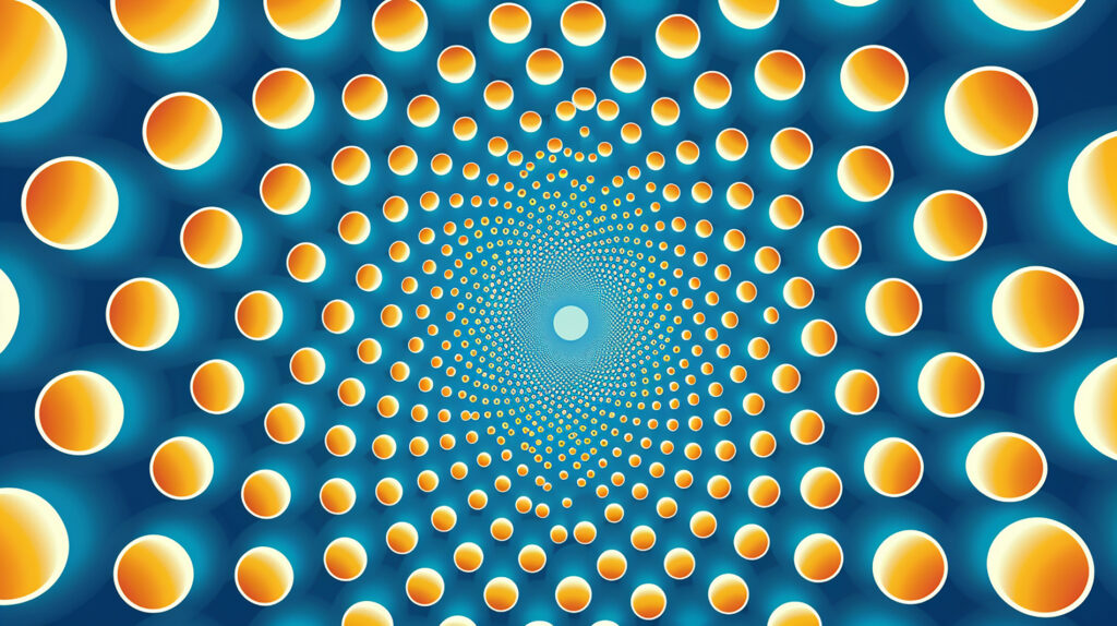 Abstract pattern of orange and blue spheres forming a spiral, representing innovation, captivation, and motivation