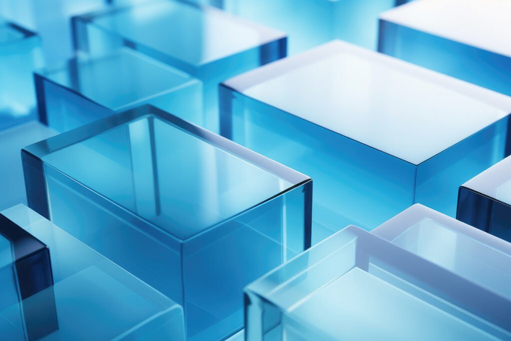 Abstract blue glass blocks representing the concepts of combatting falsehoods and ensuring truth.