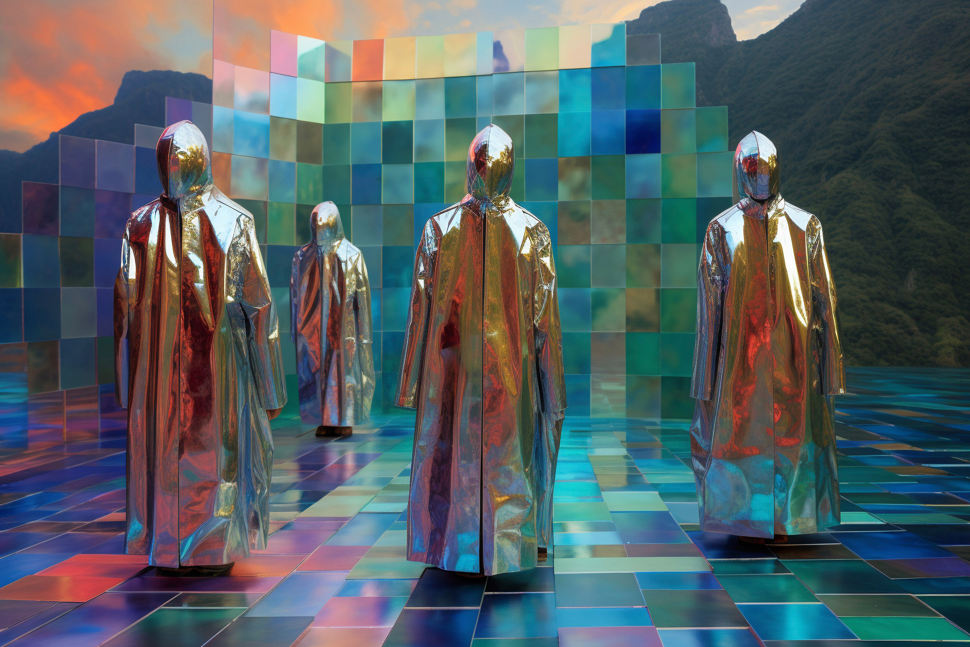 Abstract scene with figures in metallic cloaks in a colorful tiled environment, symbolizing the concept of reaching everyone, everywhere, anytime