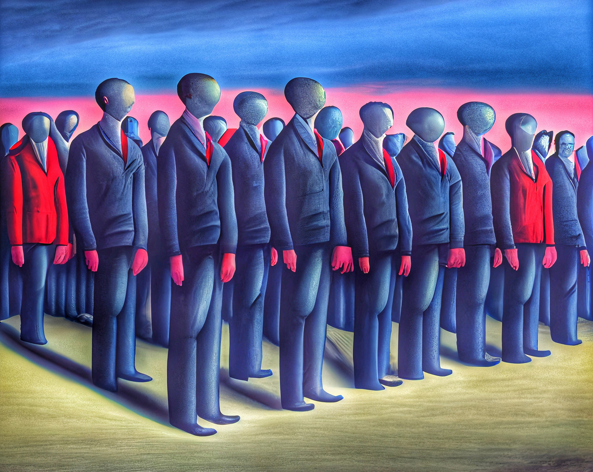 Surreal painting of faceless figures in suits, some with red jackets, symbolizing precision targeting and personalized impact